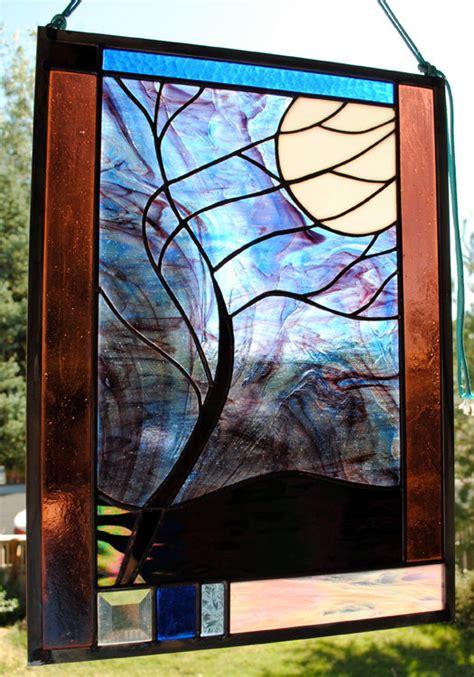 Stained Glass Window Panel Beveled Moonlit Tree Stormy Night Blue Purple Black Stained Glass