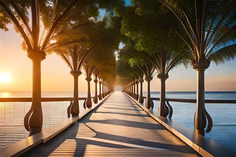 Premium Photo A Boardwalk With Trees In The Middle And The Sun