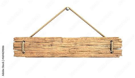Wooden Medieval Sign Board Hanging On Rope Isolated On White 3d