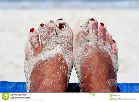 Sandy Feet With Painted Toe Nails On The Beach Stock Photo Image Of