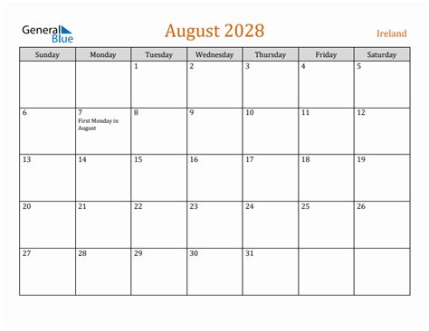 Free August 2028 Ireland Calendar