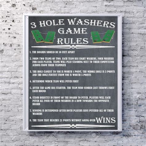 Washers is an outdoor game of skill, played by two or more contestants. Yard Games 3 Hole Washers Sign Poster Rules Outdoor Party
