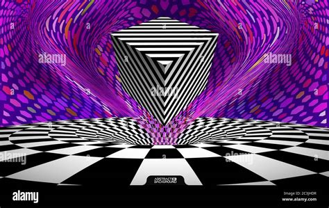 Optical Illusion Cube Retro Op Art Purple Background Wave Vector