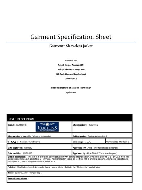 Garment Specification Sheet Yarn Textiles