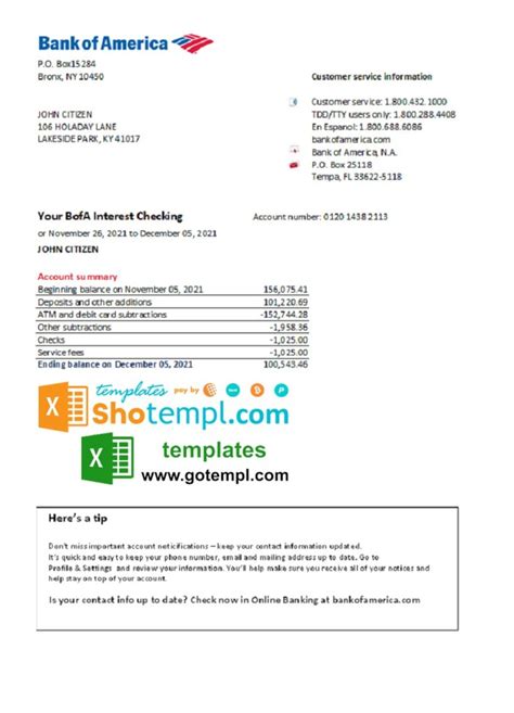 Usa Bank Of America Bank Statement Easy To Fill Template In Xls And