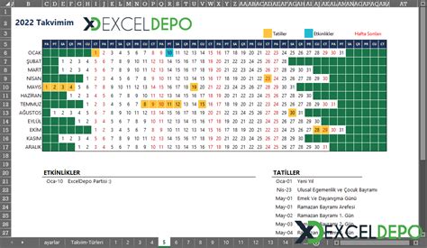 2022 Yılı Excel Takvimi Excel Depo