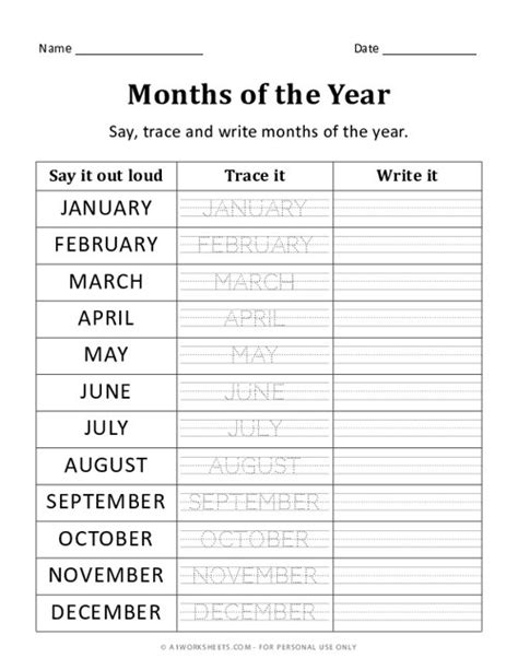 Trace The Months Of The Year Worksheet