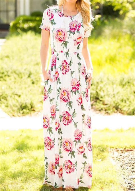 Floral Short Sleeve Maxi Dress Without Necklace Bellelily