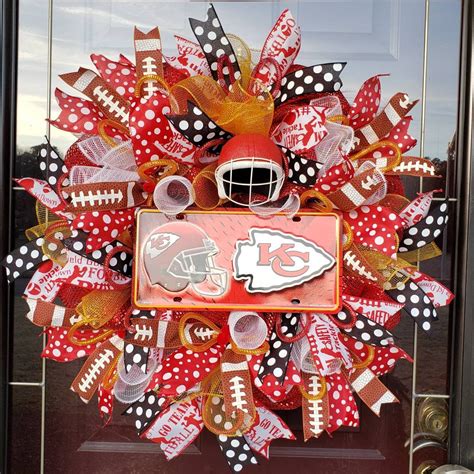 Straps are adorned in team logos and colors. Chiefs wreath, Kansas City Chiefs, SuperBowl Wreath, KC ...