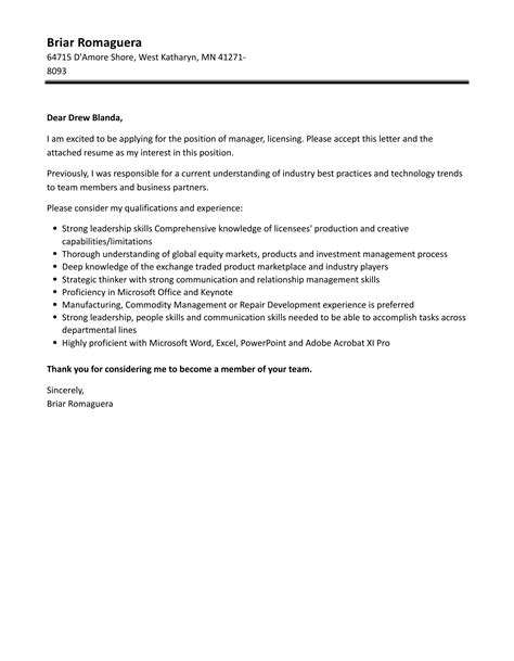 Manager Licensing Cover Letter Velvet Jobs