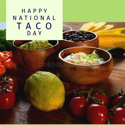 Composition Of Happy National Taco Day Text With Tacos On Table Stock