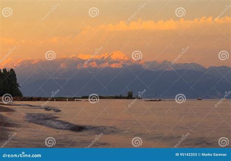 Sunset Over The Lake Leman And The Part Of Alps Stock Image Image Of
