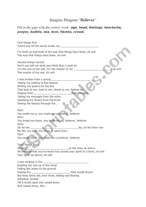 Song Believer By Imagine Dragons Esl Worksheet By Dd19