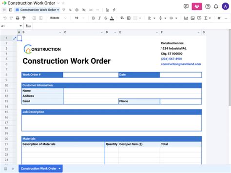 Construction Work Order Template Spreadsheet Com