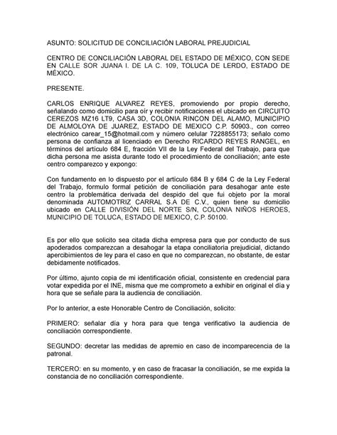 Solicitud De Conciliacion Laboral ASUNTO SOLICITUD DE CONCILIACIÓN LABORAL PREJUDICIAL CENTRO