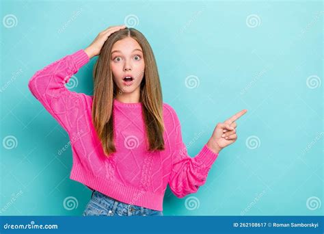 Portrait Of Impressed Astonished Girl Long Hairdo Wear Pink Pullover