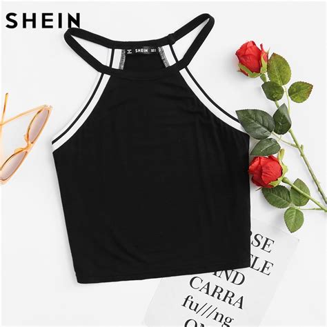 Shein Ladies Sexy Tanks Tops Female Black Striped Trim Halter Top Summer Crop Tops Active Wear