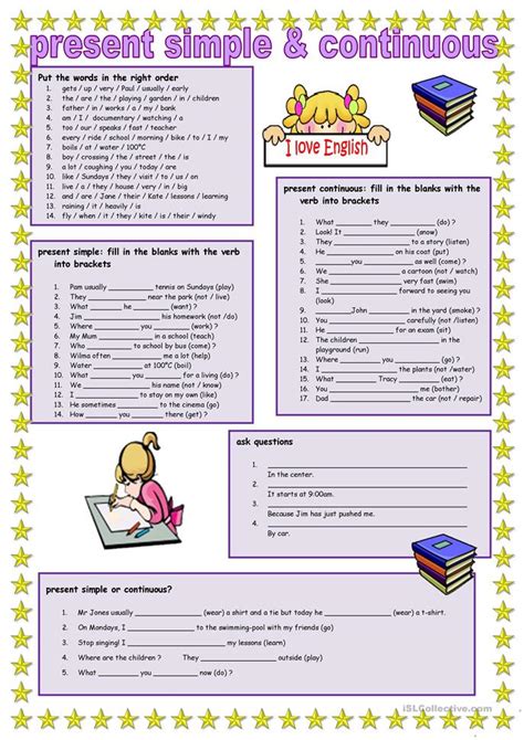 Preschool worksheets help your little one develop early learning skills. Present simple and continuous worksheet - Free ESL ...