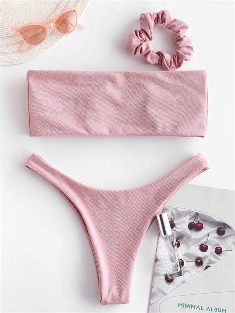 Zaful Textured Bowknot Bandeau Bikini Swimsuit With Scrunchie Flamingo