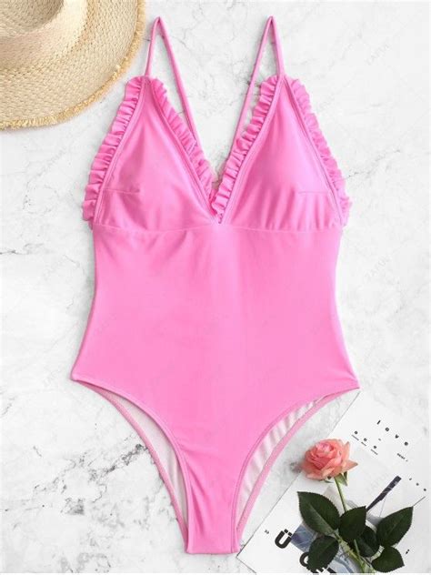 [32 off] 2020 zaful neon backless frilled y line one piece swimsuit in hot pink zaful