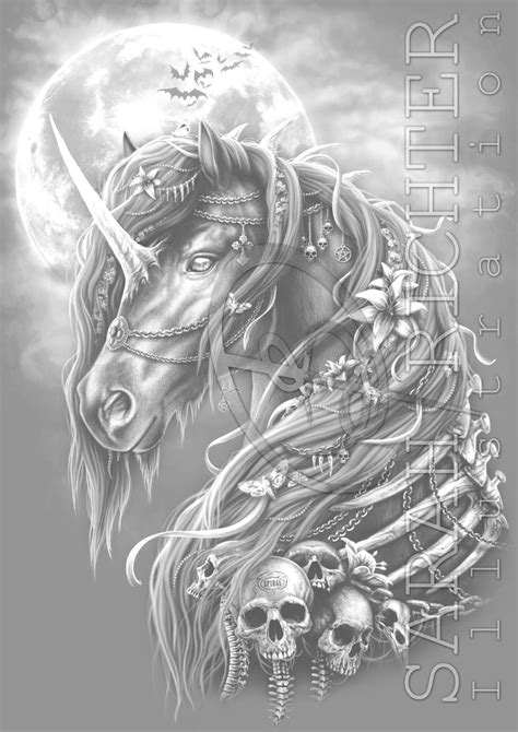 dark unicorn  greyscale coloring page gothic fantasy etsy