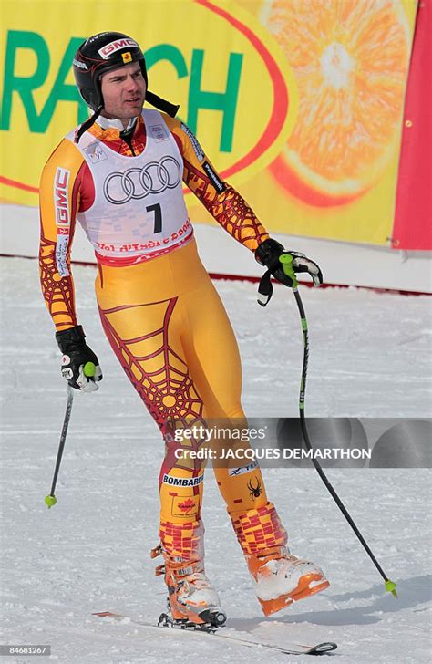 Canadas Jan Hudec Arrives With One Ski After Falling During The