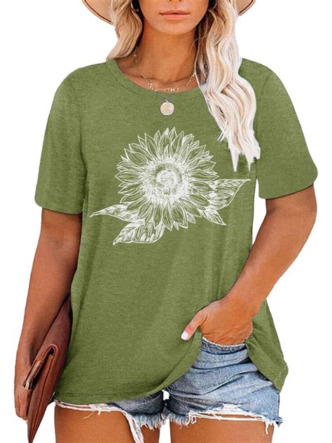 Xchqrti Sunflower Shirts For Womens Plus Size Short Sleeves T Shirt Graphic Oversized Flower