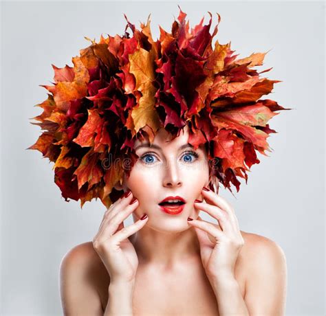 Surprised Woman Fashion Model With Fall Leaves Wreath Autumn Po Stock