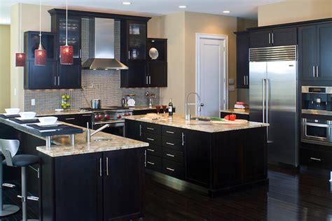 Modern kitchen cabinets with no doors can be installed above a small counter bar. Contemporary Dark Wood Cabinetry | John Magor Photography