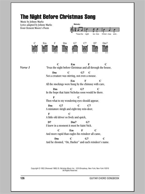 The lyrics are quite humorous, to musicians, and worked well as an encore to a christmas concert. The Night Before Christmas Song by Johnny Marks - Guitar Chords/Lyrics - Guitar Instructor