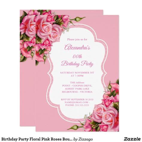 Birthday Party Floral Pink Roses Bouquet Bachelorette Party Invitations