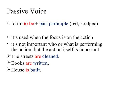Passive sentences in the present perfect tense have the following structure: Passive Voice Presentation