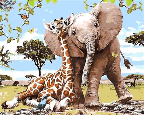 Elephant And Giraffe Animals Paint By Number Paint By Numbers For Adult