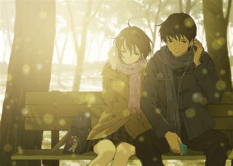 Anime Love Couple Music Headphone Tree Winter Sunshine Romantic