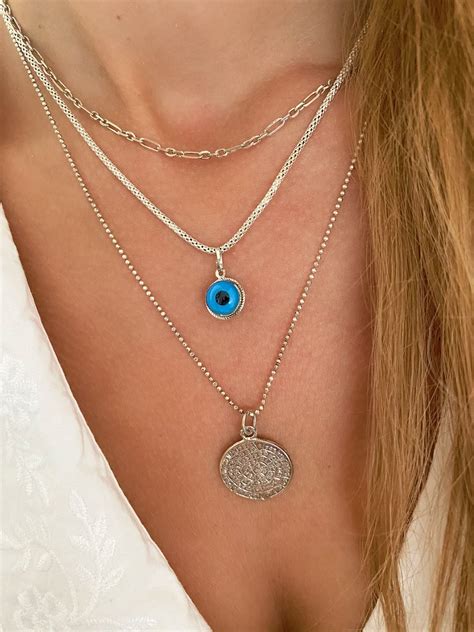 Silver Evil Eye Necklace Round Necklace Silver Layers Evil Etsy