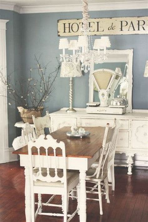 A shabby chic meets french farmhouse dining room with a statement crystal chandelier, shabby wooden furniture and greenery. Shabby Chic Dining Room Ideas: Awesome Tables, Chairs And ...