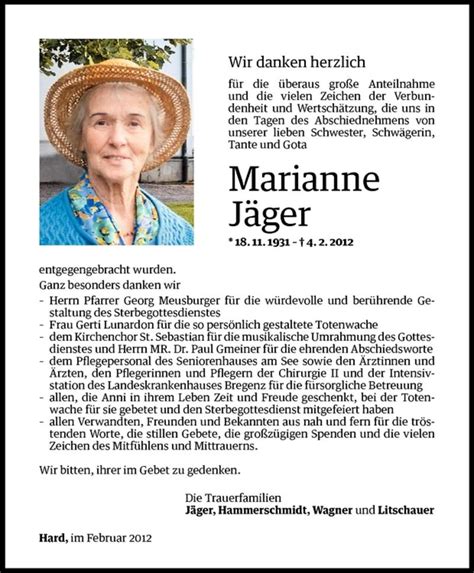 Todesanzeigen Von Marianne J Ger Todesanzeigen Vorarlberger Nachrichten
