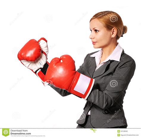 Business Woman Wearing Boxing Gloves Punching Isolated