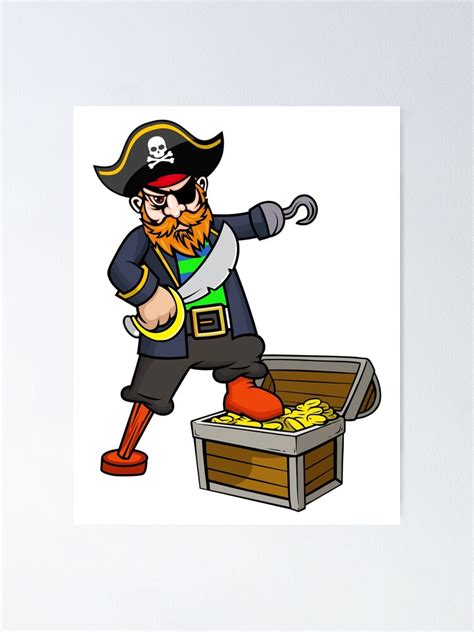 Pirate With Peg Leg Hook Eye Patch Sword And Treasure Chest Poster