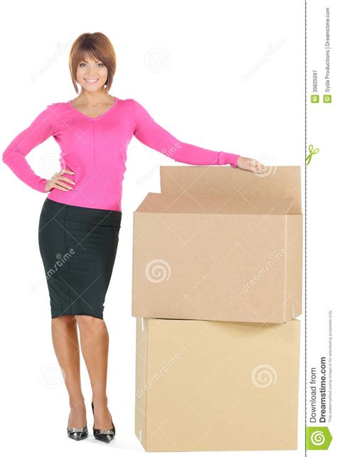 attractive businesswoman with big boxes stock image image of cheerful corporate 39835097