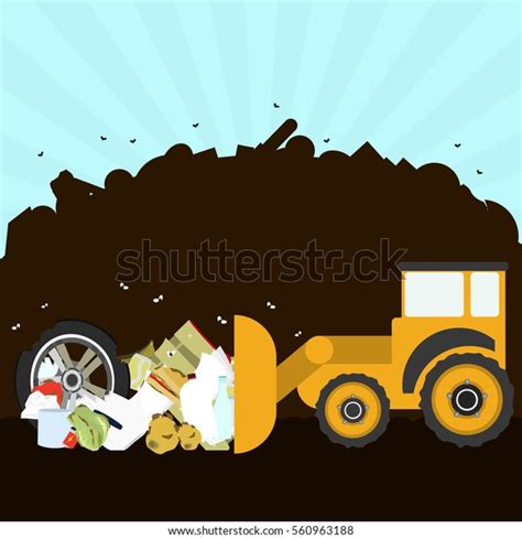 Bulldozer Rearranging Garbage Landfill Silhouette Pile