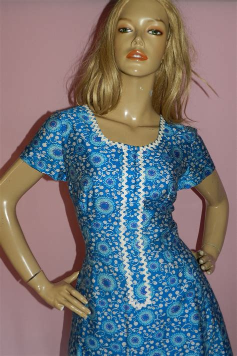 Vintage 60s Blue Psychedelic Print Dolly Mod Mini Dress 12 M 1960s