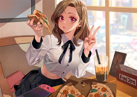 Anime Filles Anime Yeux Rouges Brunette Cheveux Longs Pizza