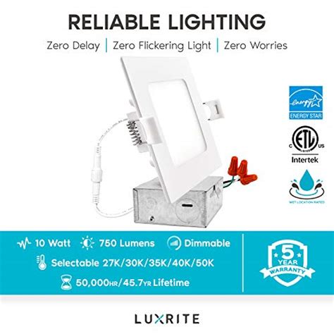 Luxrite 4 Inch Square Ultra Thin Led Recessed Light With Junction Box