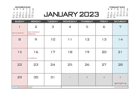 Calendar January 2023 With Holidays Pdf And Image