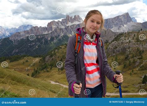 Tourist Girl At The Dolomites Stock Photo Image Of Clouds People