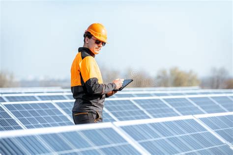 Engineer Servicing Solar Panel On Electric Plant Stock Image Image Of