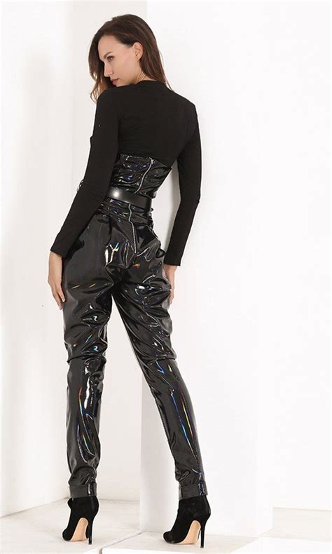 Future Star Black Pu Patent Faux Leather Strapless V Neck Skinny