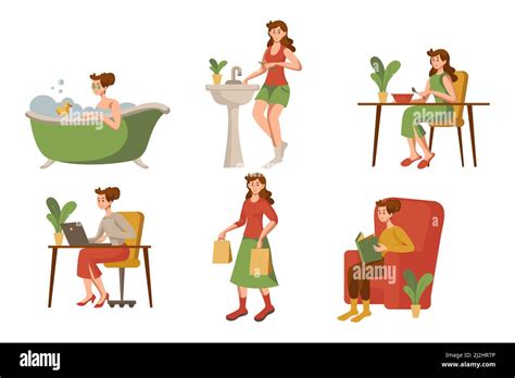 Daily Life Of Working Woman Vector Illustrations Set Everyday Life Of