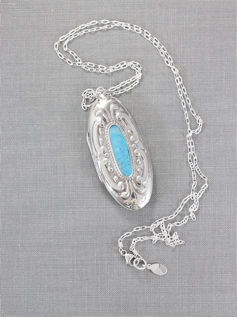 Sterling Silver Turquoise Locket Necklace Large Embossed Long Oval